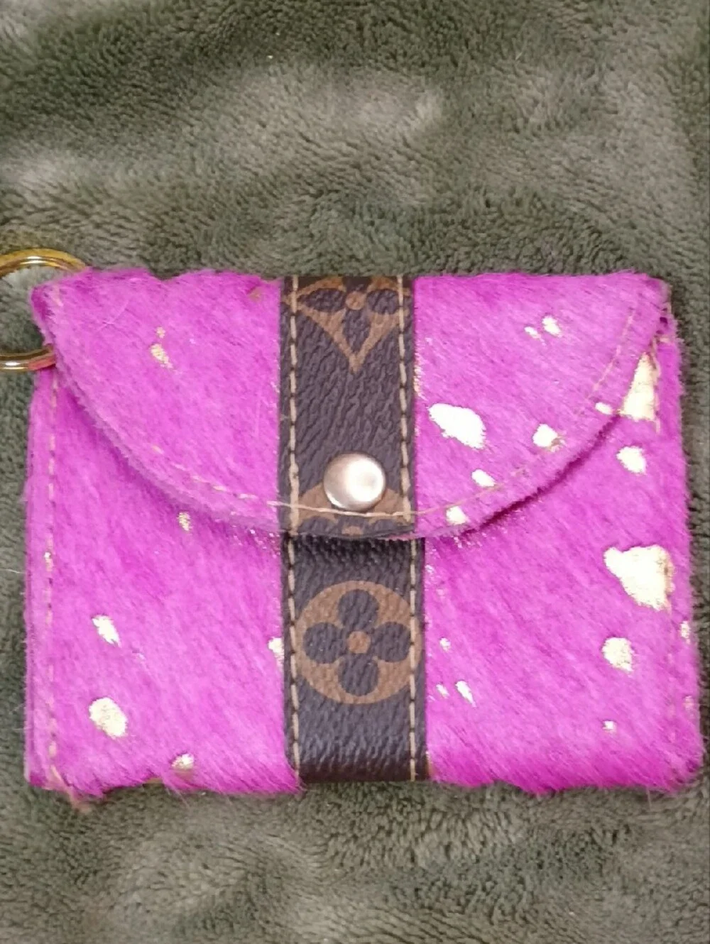 Upcycled And Genuine Leather Card Or Change Holder (Pink And Gold)